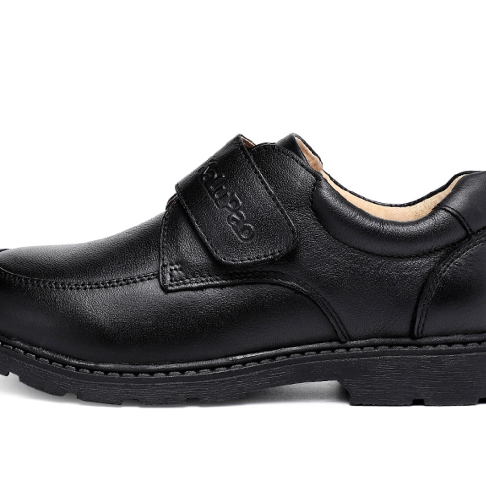 Boy Black Dress Shoe/Velcro/Round Flat/Slip on/ Genuine Leather/Back to School/ - Picture 8 of 11